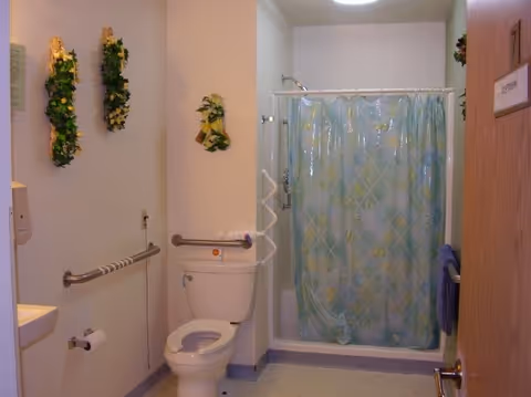 Bathroom with a toilet, grab bars on the walls, a shower with a blue and green patterned shower curtain, and decorative green wall hangings. The door is partially open showing a room number sign.