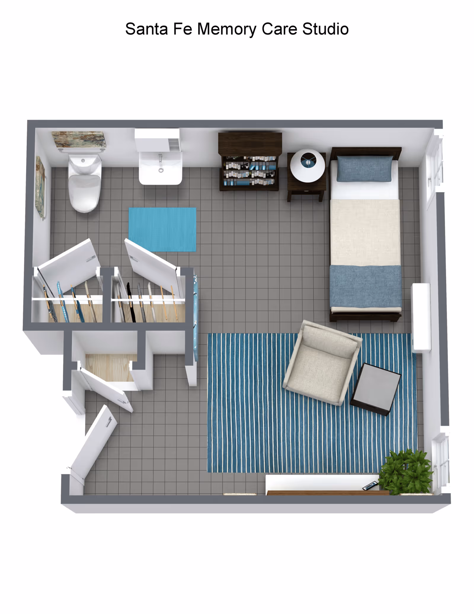Top-down view of a memory care studio layout featuring a single bed with blue and beige bedding, a nightstand with a lamp, a bookshelf, an armchair with a small table on a blue striped rug, a bathroom with a toilet and sink, and two closets with open doors.
