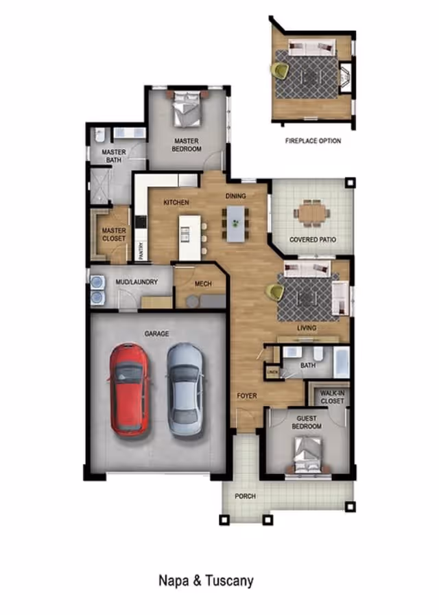 Floor plan of a single-story home layout named Napa & Tuscany, showing a master bedroom with attached master bath and closet, guest bedroom with walk-in closet, kitchen with dining area, living room, covered patio, mud/laundry room, mechanical room, two-car garage, foyer, porch, and an optional fireplace area.