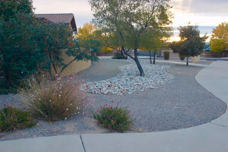 Outdoor landscaped area with gravel ground cover, a dry riverbed made of rocks, several trees, and bushes near a building with a tiled roof during sunset.