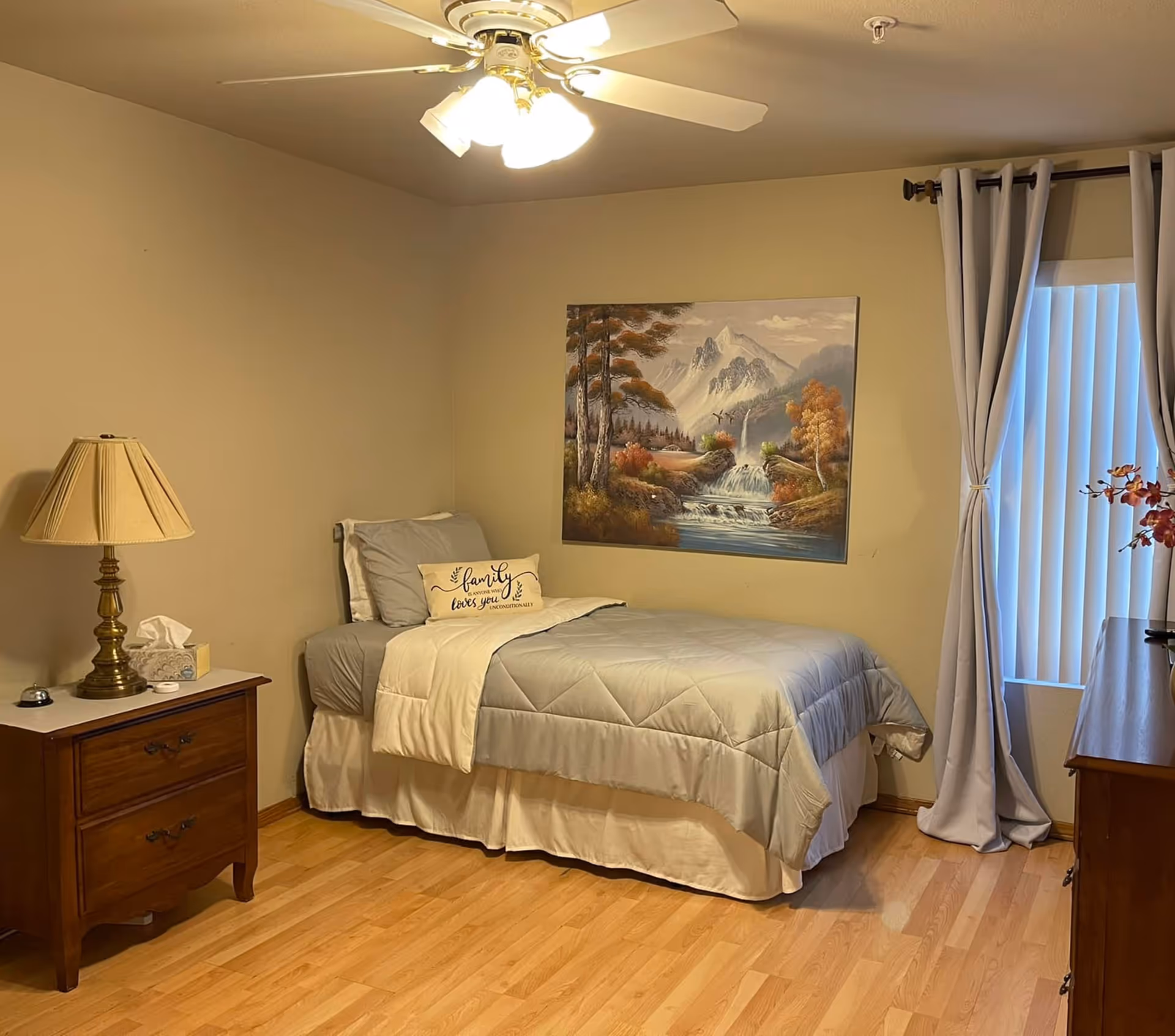Furnished single-occupancy bedroom with a bed, nightstand and lamp, a landscape painting on the wall, ceiling fan, and curtained window.