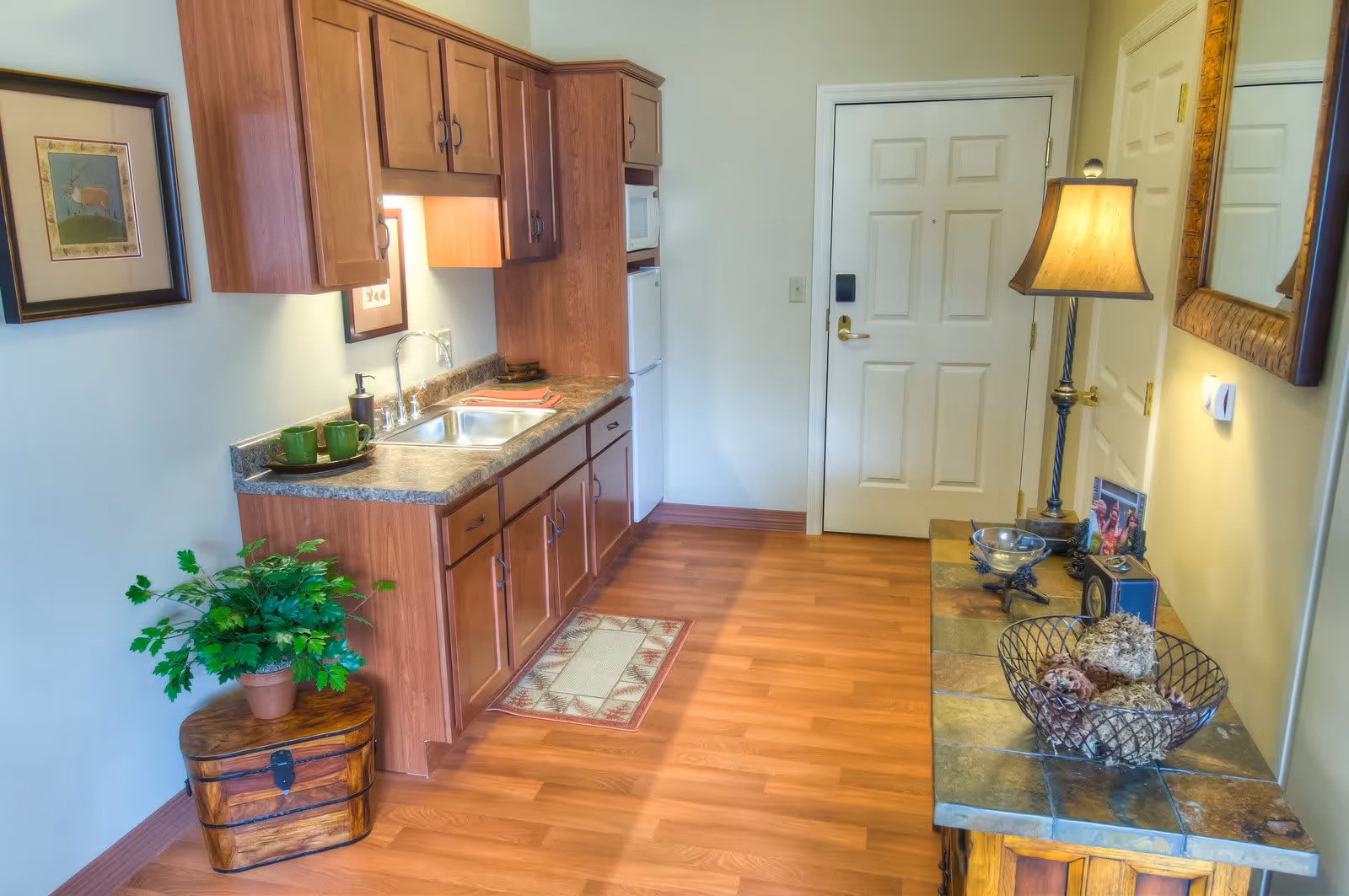 Interior view of a small kitchen area with wooden cabinets, a countertop with a sink, a small refrigerator, and a microwave. There is a decorative plant on a wooden chest, a framed picture on the wall, and a console table with a lamp, a mirror, and decorative items near the entrance door.