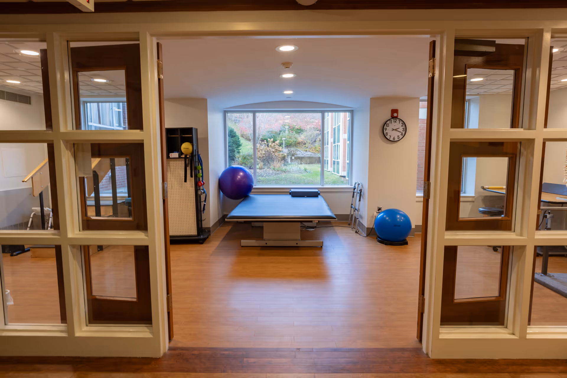 A physical therapy room with a treatment table in the center, exercise balls on either side, a large window showing an outdoor garden, and various therapy equipment along the walls. The room has wooden flooring and is viewed through double doors with glass panels.