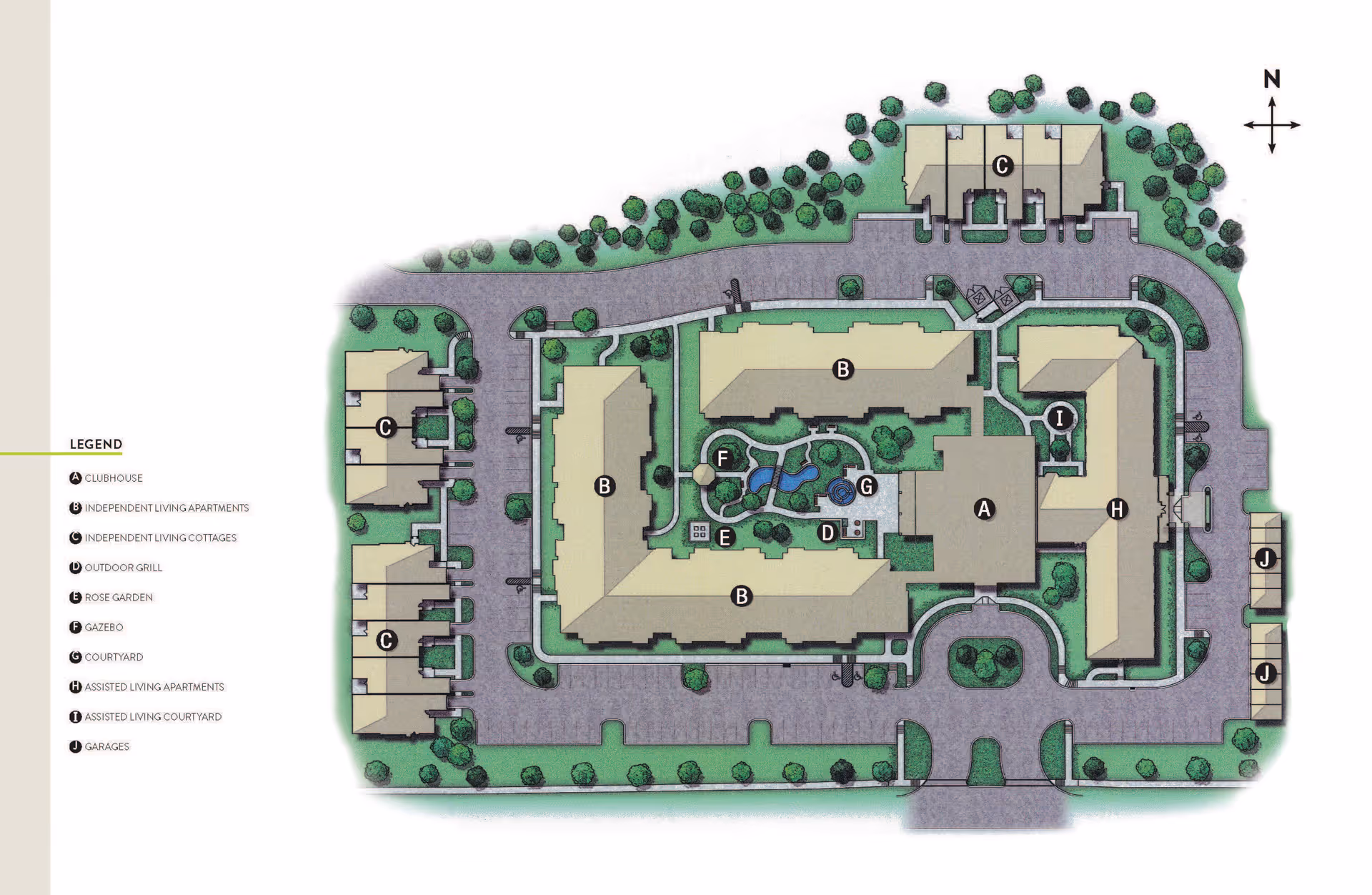 A detailed site map of Atria Southpoint Walk senior living facility showing various buildings and outdoor areas labeled with letters. The legend identifies the clubhouse, independent living apartments and cottages, outdoor grill, rose garden, gazebo, courtyard, assisted living apartments and courtyard, and garages. The map includes pathways, roads, green spaces, and trees surrounding the buildings.