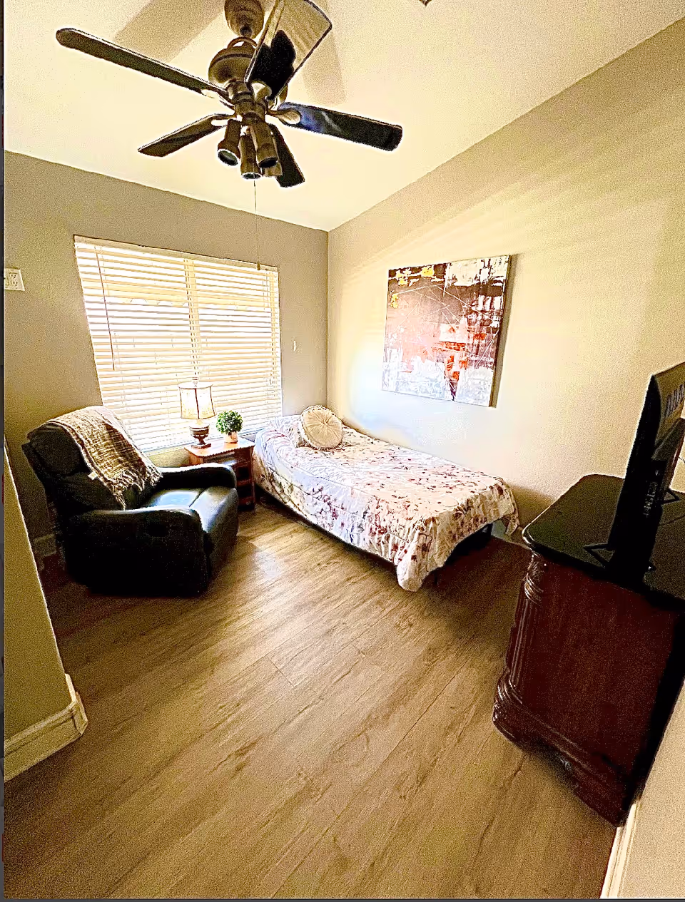 A small bedroom with a single bed covered in a floral bedspread, a round decorative pillow, a dark armchair with a blanket draped over it, a wooden nightstand with a lamp and a small plant, a ceiling fan with lights, a window with blinds, and a wooden dresser with a TV on top. A piece of abstract artwork hangs on the wall above the bed.