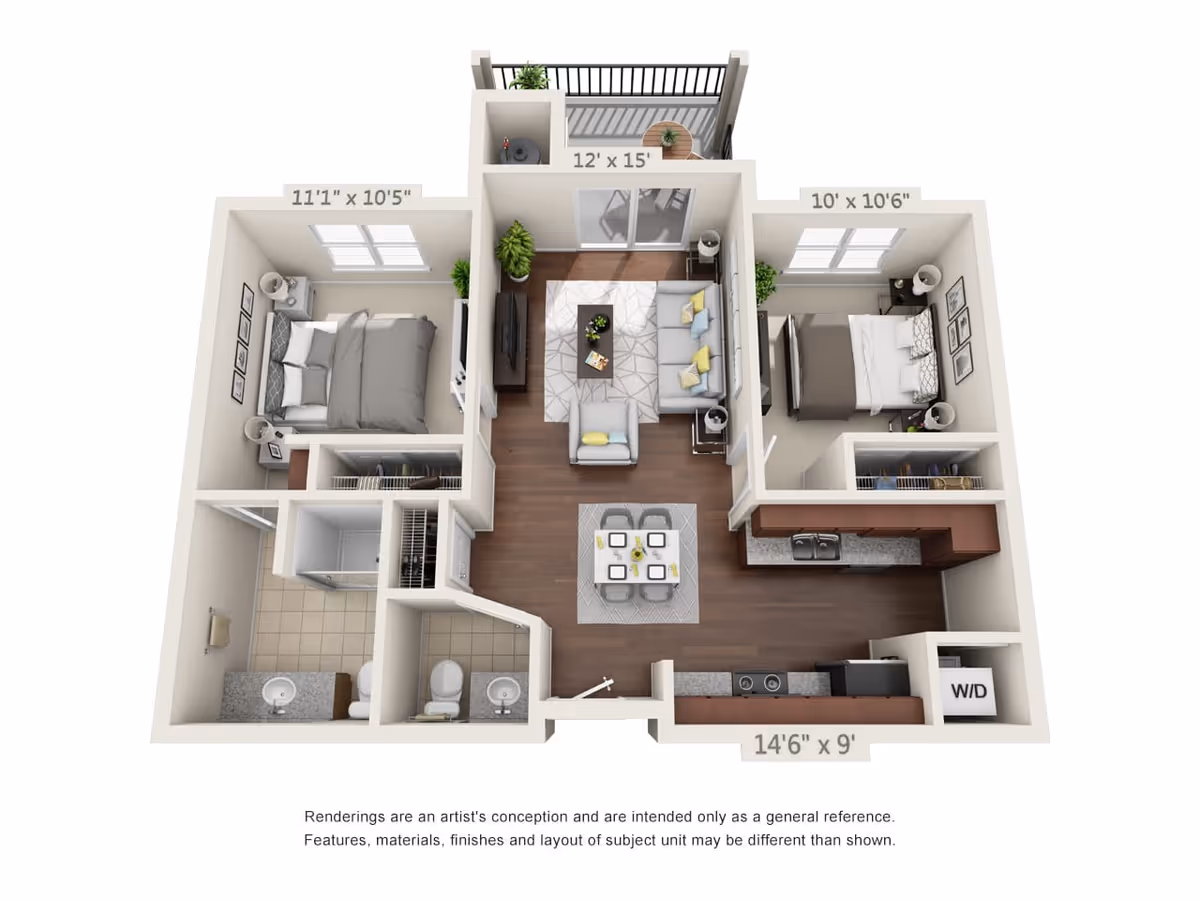 3D floor plan of a two-bedroom apartment featuring a living room with sofa and armchair, a dining area with a table and four chairs, a kitchen with appliances and washer/dryer, two bedrooms with beds and nightstands, and a bathroom with double sinks and a toilet. There is also a balcony accessible from the living room.