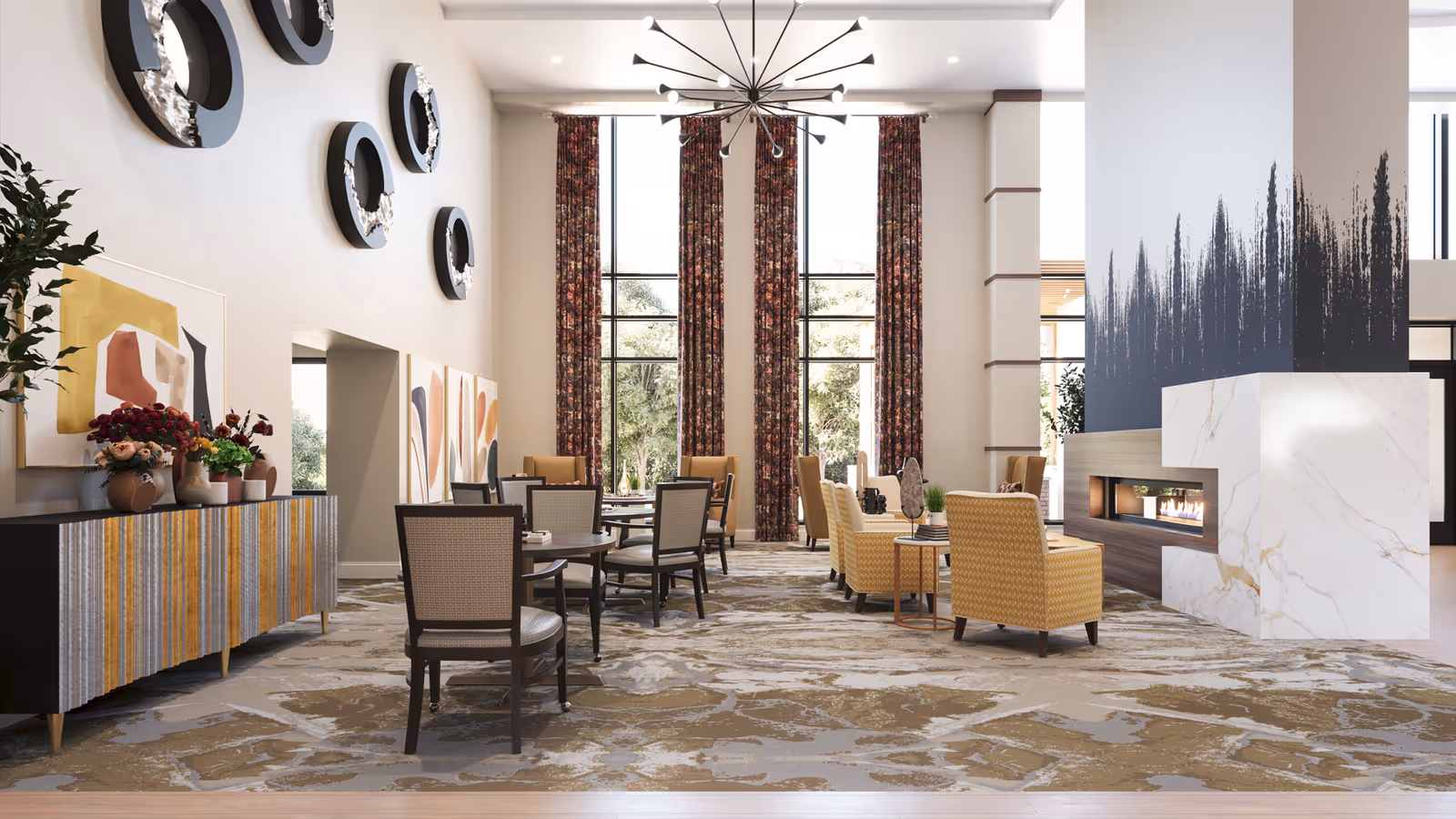 Spacious modern lounge in a senior residence with yellow seating, large windows, and a fireplace.
