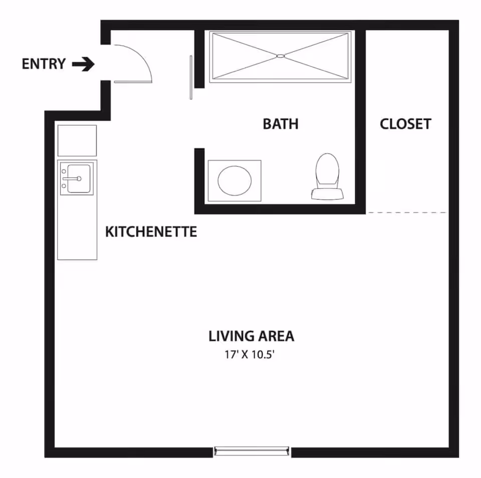 Floor plan of a small living space at Sand Sage of the Highlands showing an entry door leading into a kitchenette area with a sink, a bath with a shower, toilet, and sink, a closet, and a living area measuring 17 feet by 10.5 feet.