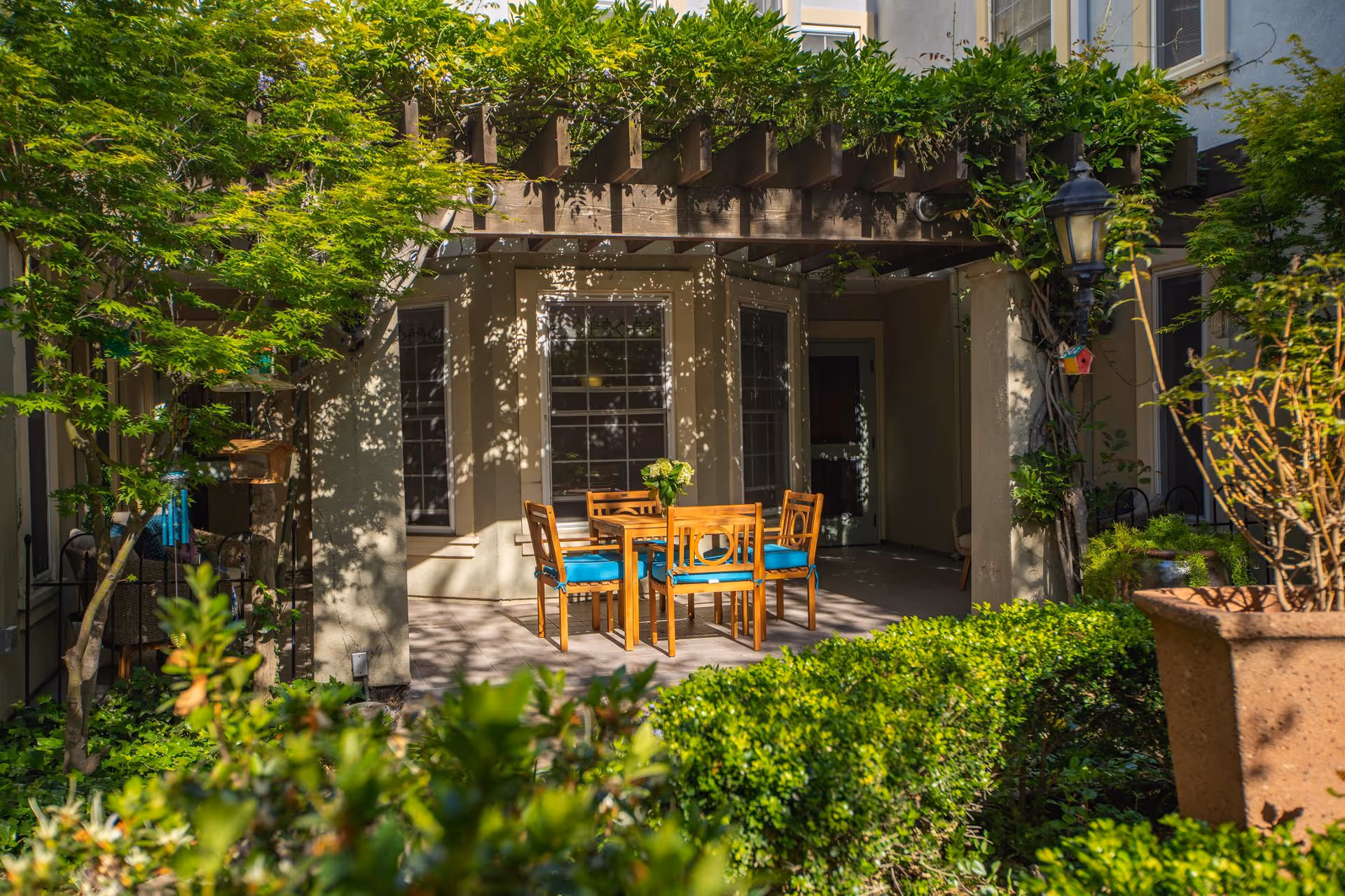 Outdoor patio area with a wooden pergola overhead, featuring a wooden table and four chairs with blue cushions. The patio is surrounded by lush green plants and trees, with a building wall and windows in the background.