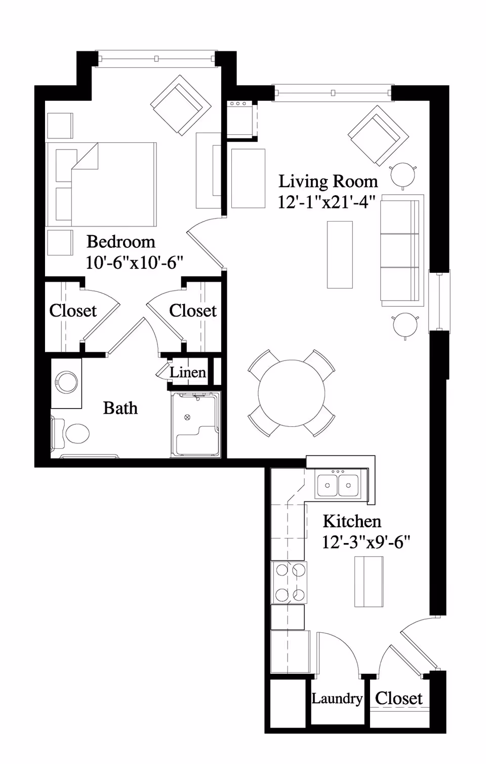 Floor plan of a one-bedroom apartment at Creekside at the Village showing a bedroom with two closets, a bathroom, a living room with seating and a dining table, a kitchen with appliances, a laundry area, and an additional closet.