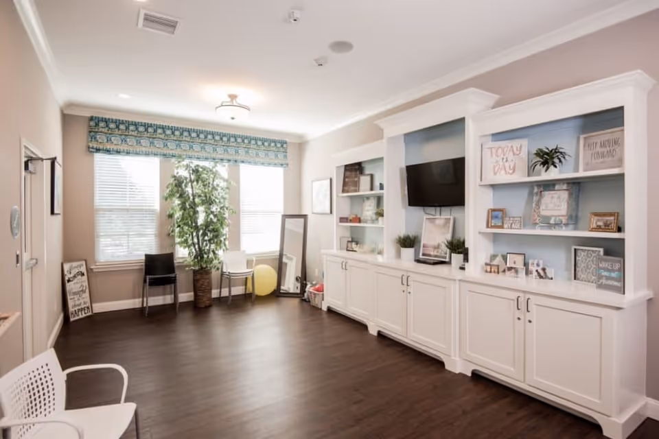 A bright and spacious room with large windows covered by a patterned valance, a tall potted plant, several chairs, a full-length mirror, and white built-in cabinets with shelves displaying framed pictures, plants, and decorative signs. A flat-screen TV is mounted on the wall above the cabinets.