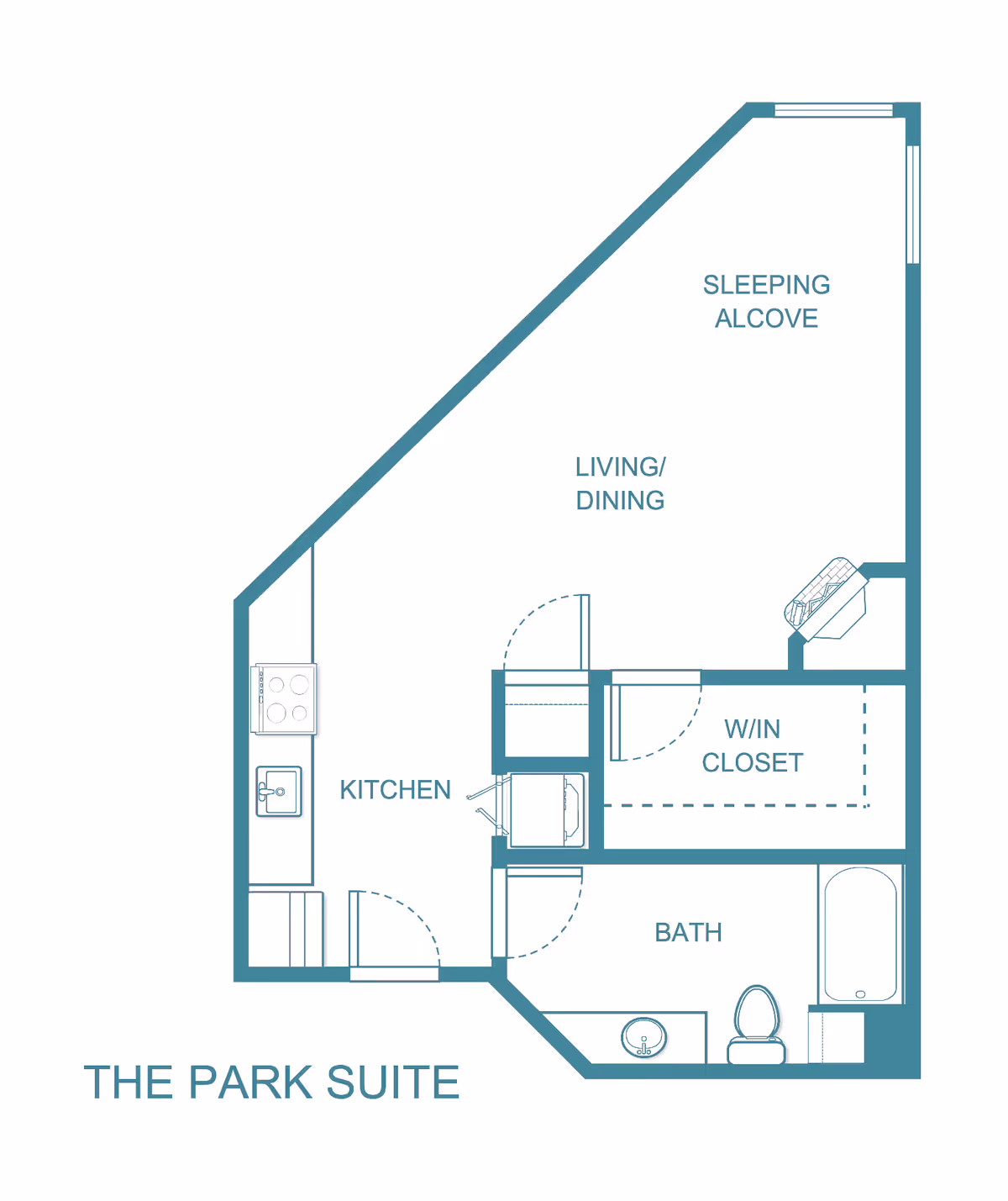 Floor plan of The Park Suite at The Bentley - Sky Active Living, showing a kitchen, living/dining area, sleeping alcove, walk-in closet, and bathroom with a bathtub, toilet, and sink.
