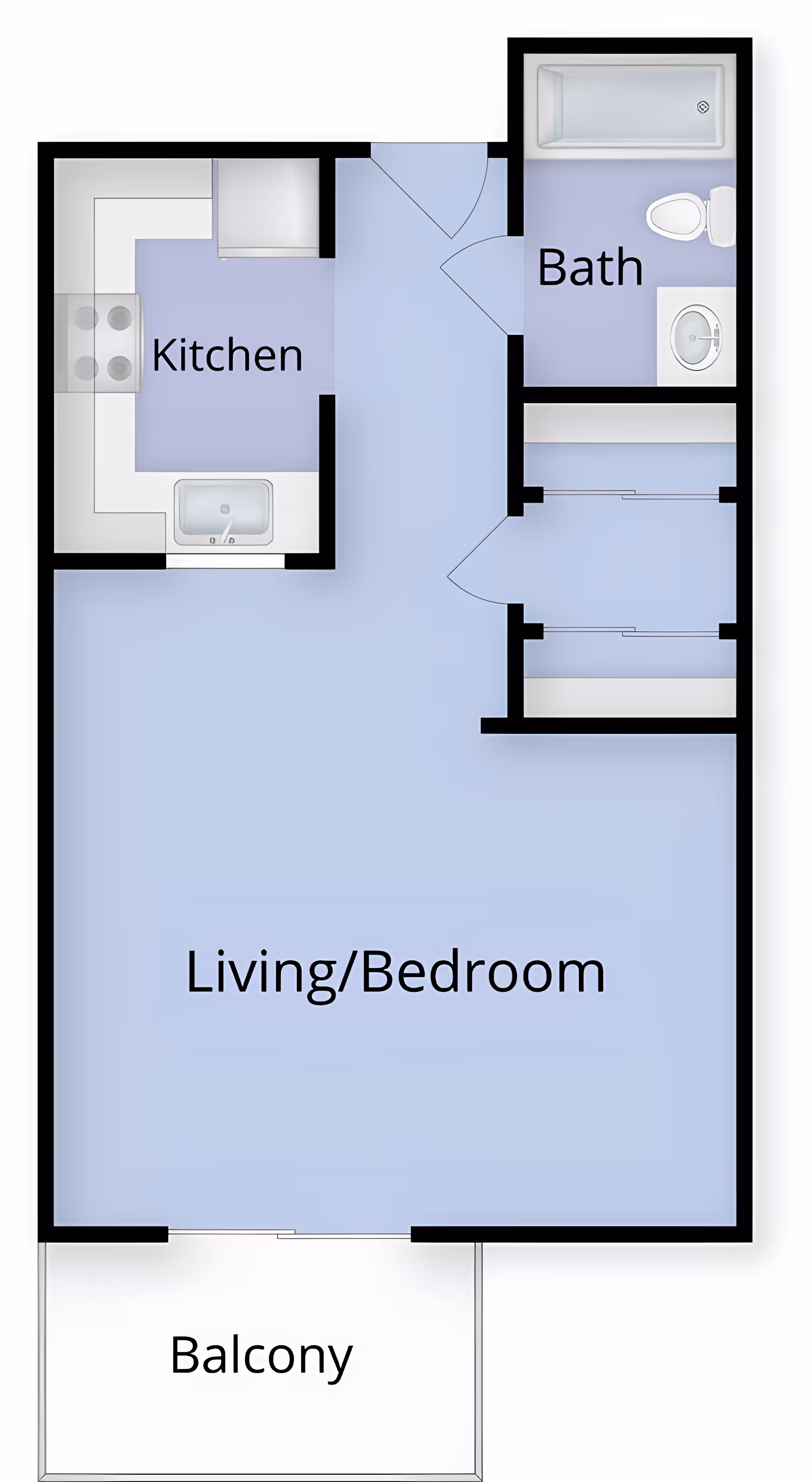 Floor plan of a studio apartment at Juniper Village at Bucks County showing a combined living and bedroom area, a kitchen, a bathroom, and a balcony.