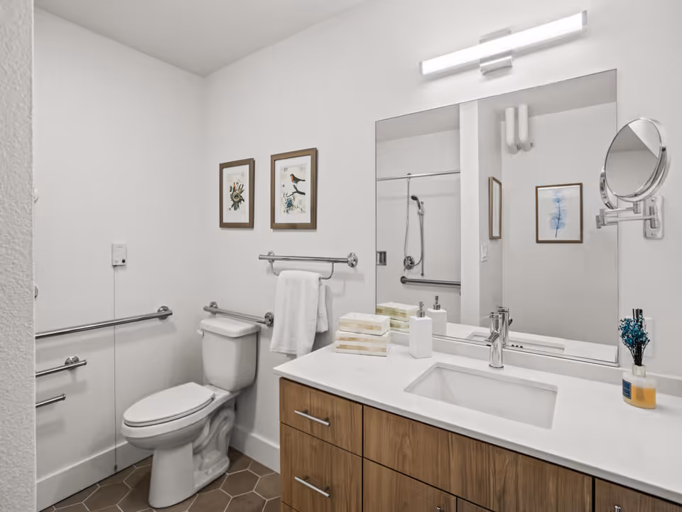 A clean and modern bathroom featuring a white toilet with grab bars on the walls, a wooden vanity with a white countertop and an integrated sink, a large rectangular mirror above the sink, a wall-mounted magnifying mirror, two framed bird-themed artworks on the wall, a towel hanging on a towel bar, and a small vase with blue flowers on the countertop.