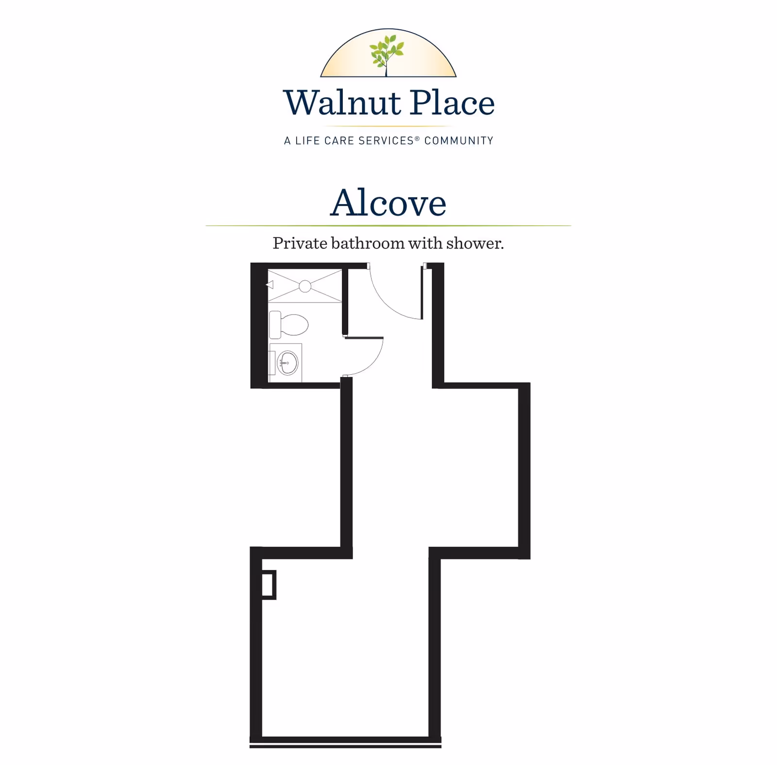 Floor plan layout of an alcove unit at Walnut Place, showing a private bathroom with a shower, toilet, and sink.