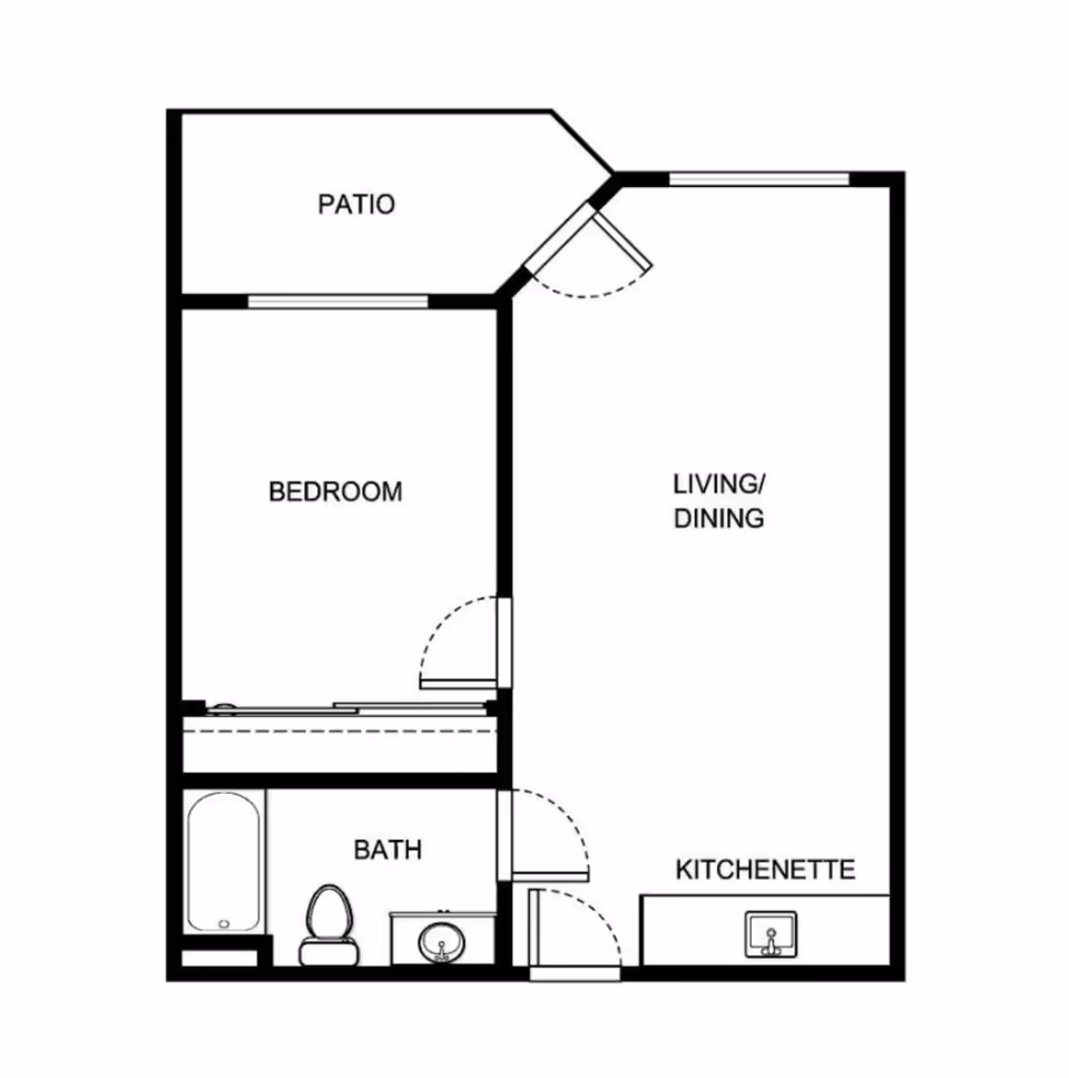 Floor plan layout of a living space at Solista Wilmington showing a patio, bedroom, bathroom with bathtub, toilet, and sink, living/dining area, and kitchenette with a sink.