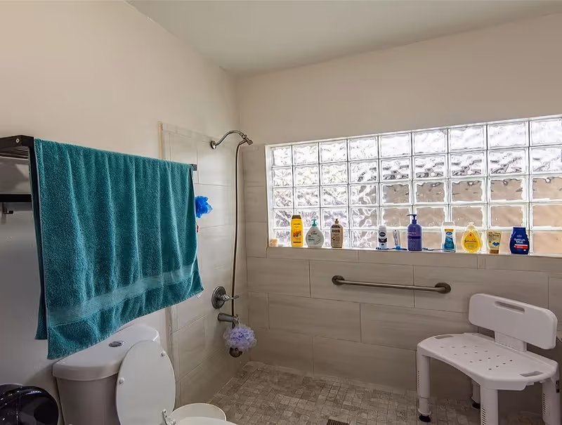Bathroom with a toilet, a shower area with a wall-mounted showerhead, a grab bar, a white shower chair, and a glass block window with various bottles of toiletries lined up on the window sill. A teal towel hangs on a rack above the toilet.