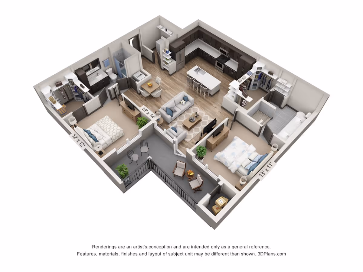 3D floor plan of a two-bedroom apartment featuring a living room with sofas and a TV, a kitchen with an island and bar stools, a dining area with a table and chairs, two bedrooms with beds and closets, two bathrooms, a laundry area, and a balcony with outdoor seating.