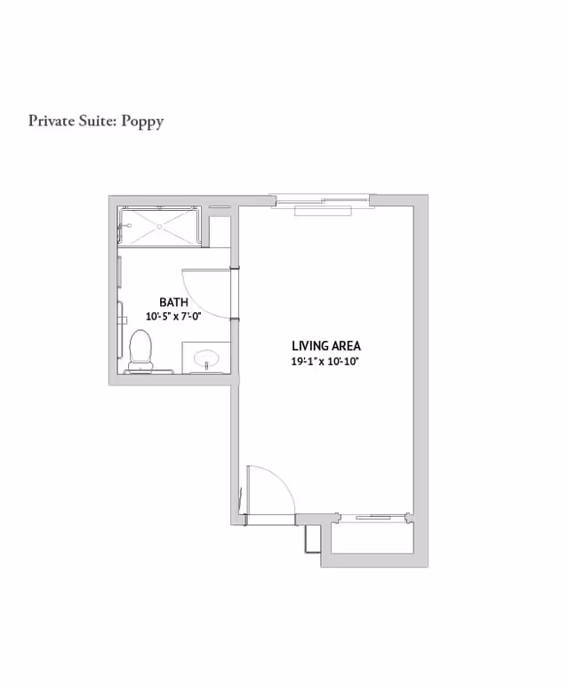 Floor plan of a private suite named Poppy at The Hacienda Mission San Luis Rey, showing a living area measuring 19 feet 1 inch by 10 feet 10 inches and a bathroom measuring 10 feet 5 inches by 7 feet with a shower, toilet, and sink.
