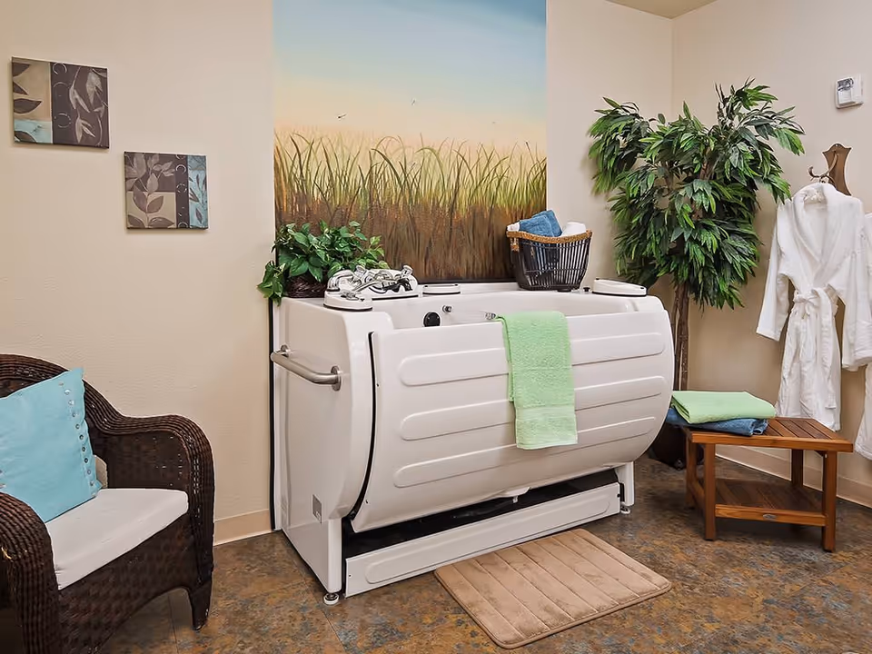 A walk-in bathtub in a decorated bathing room with plants, towels, a robe, and wicker seating.