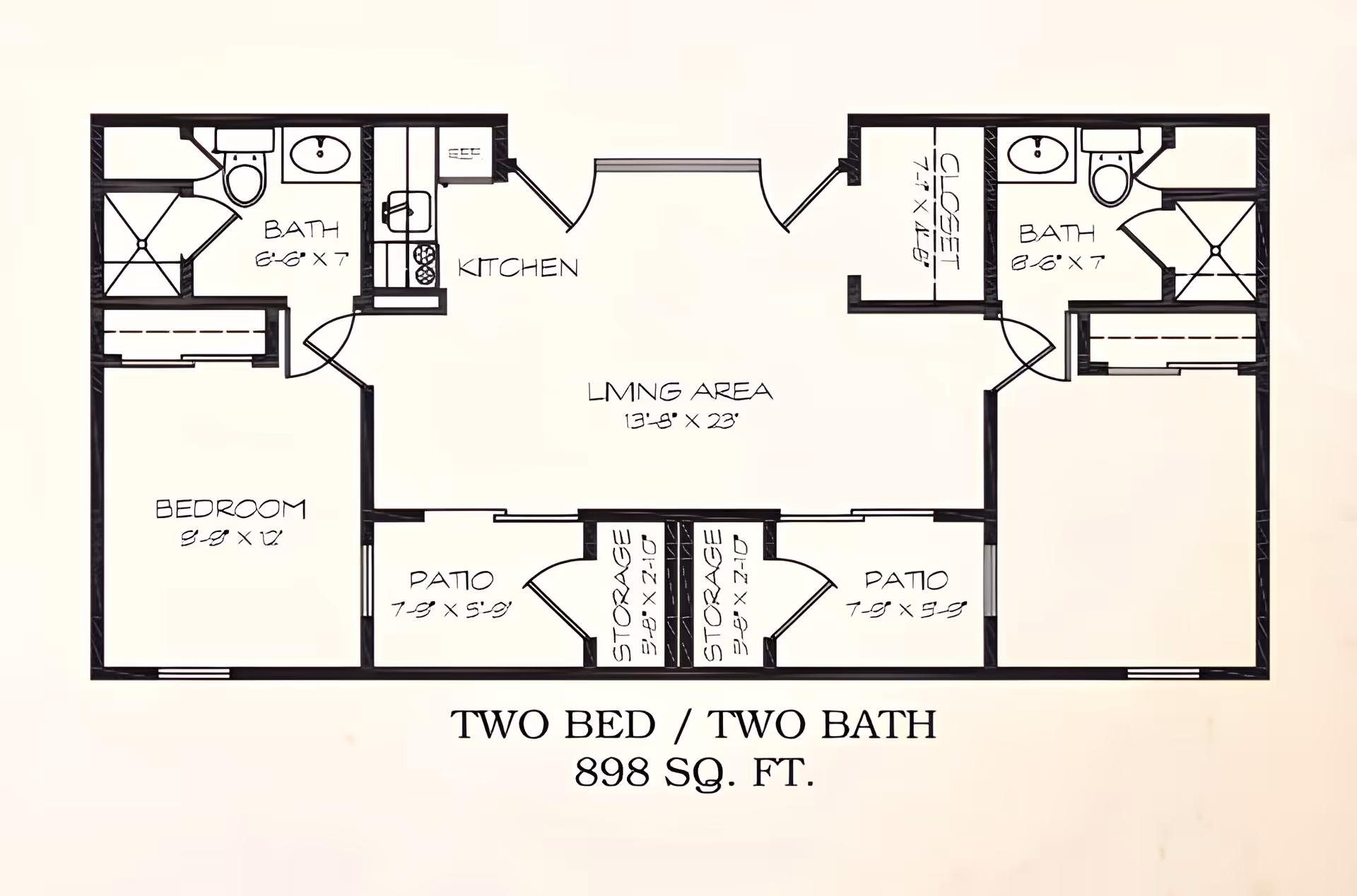 Black-and-white floor plan of a two-bedroom, two-bath apartment (898 sq. ft.) showing living area, kitchen, two bedrooms, two bathrooms, patios, and storage.