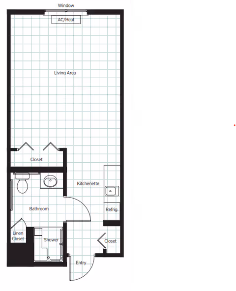Architectural floor plan of a studio apartment at Belmont Village RPV showing an entry leading to a kitchenette with a refrigerator, a living area with a window and AC/Heat unit, a bathroom with a shower, toilet, and sink, a linen closet, and two additional closets.