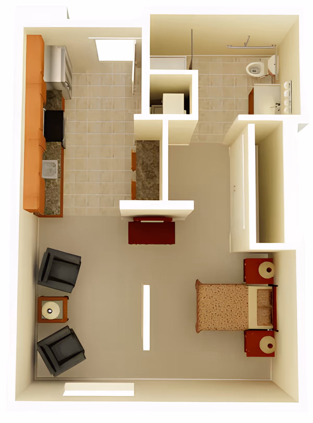 Top-down floor plan rendering of a studio apartment showing a bed with nightstands, seating area, kitchenette, and a bathroom.