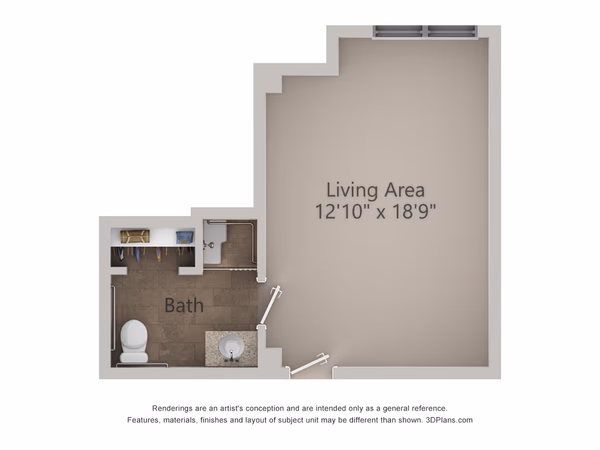 Floor plan showing a living area measuring 12 feet 10 inches by 18 feet 9 inches, adjacent to a bathroom with a toilet, sink, and shower area.