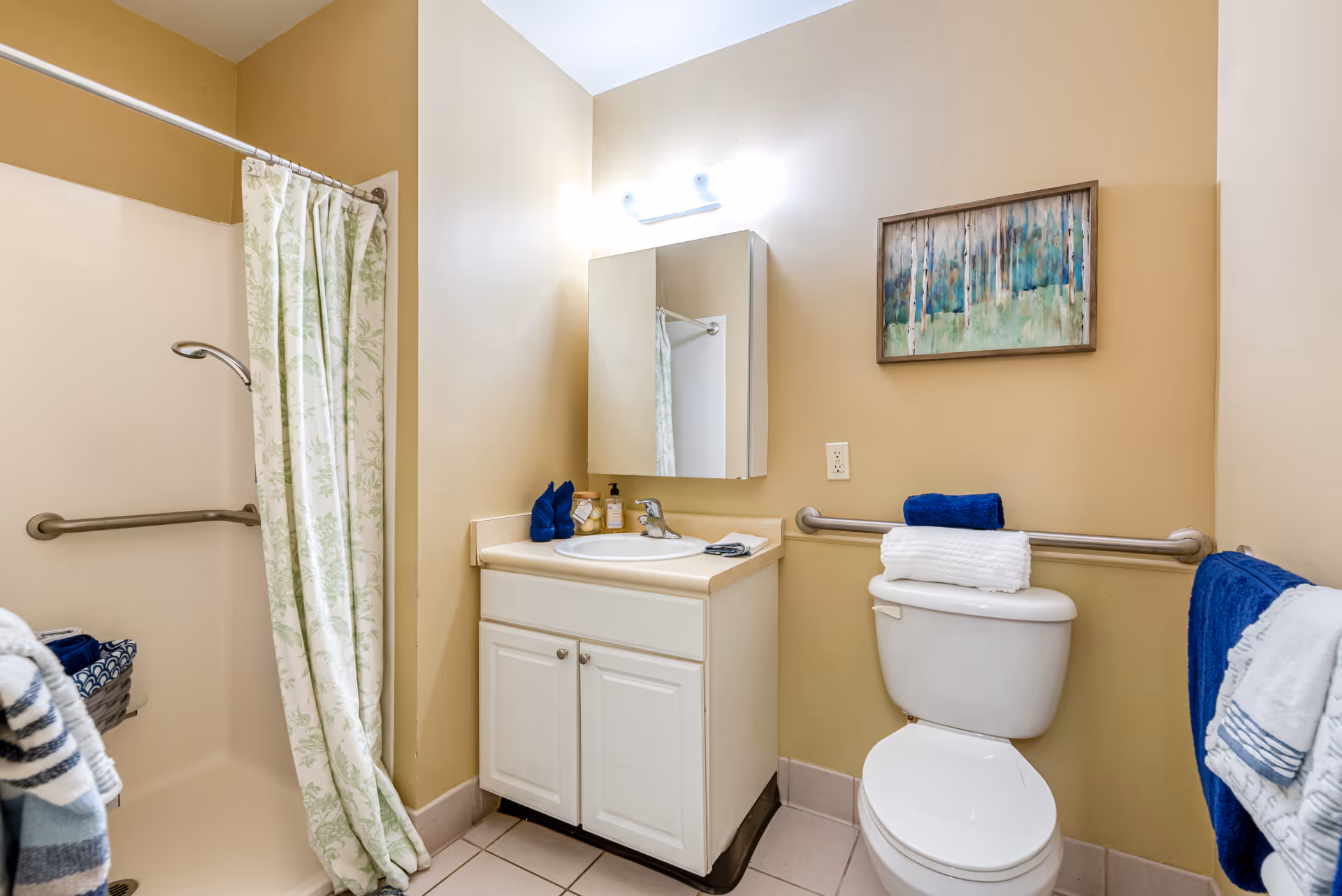 Bathroom featuring a shower with a floral curtain, a sink vanity with mirror, and a toilet with grab bars and blue towels.