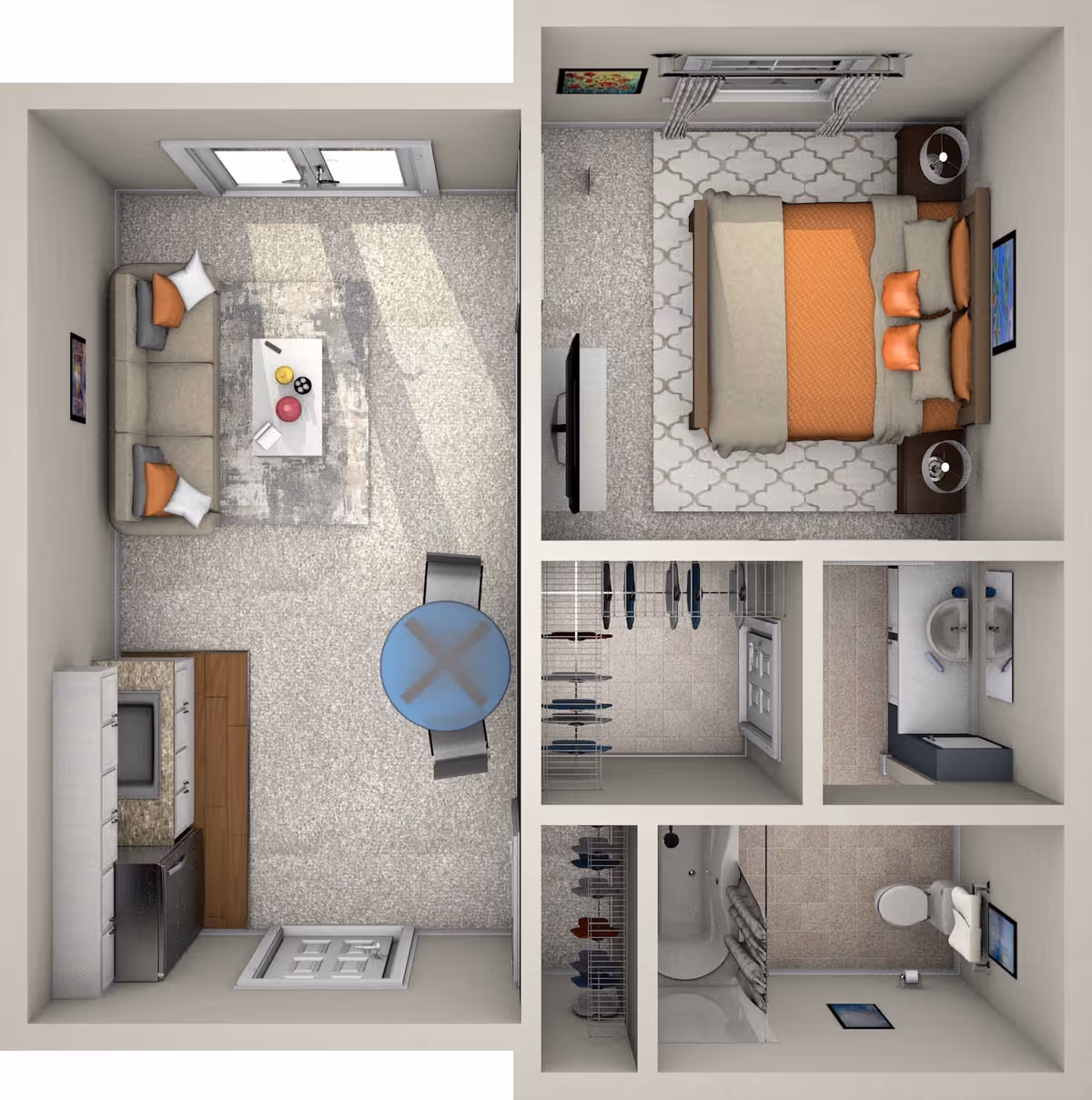 Top-down view of a one-bedroom assisted living apartment layout featuring a living room with a sofa, coffee table, and dining table with chairs; a kitchen area with cabinets, sink, and refrigerator; a bedroom with a bed, nightstands, and a TV; a walk-in closet; a bathroom with a bathtub, toilet, and sink; and an additional closet space.