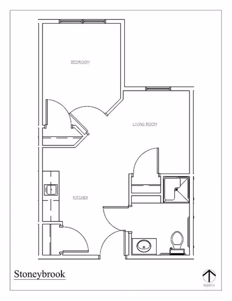 Architectural floor plan of a StoneyBrook Suites Assisted Living unit showing a bedroom, living room, kitchen, and bathroom layout with labeled rooms and a north directional arrow.