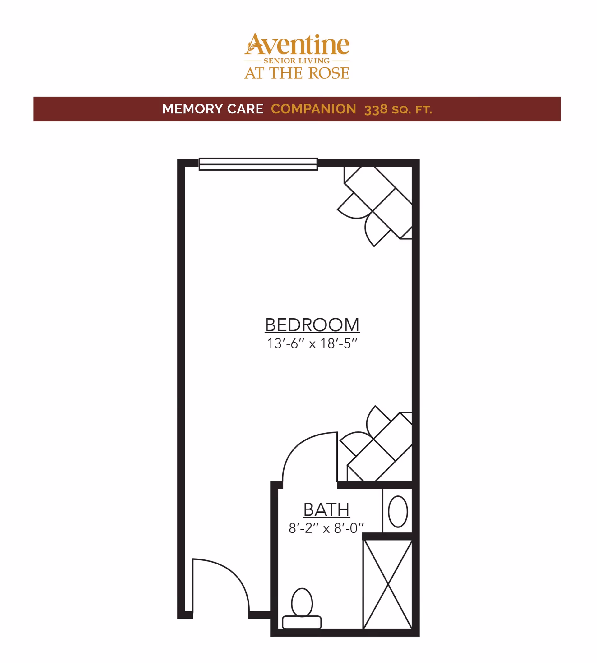 Floor plan layout for a memory care companion unit at Aventine Senior Living at The Rose, showing a bedroom measuring 13 feet 6 inches by 18 feet 5 inches and a bathroom measuring 8 feet 2 inches by 8 feet. The bedroom contains two beds and the bathroom includes a toilet, sink, and shower.