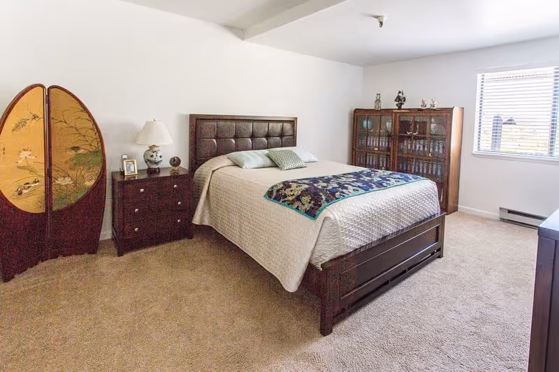 Spacious, well-lit bedroom with a bed, nightstand and lamp, wooden dresser and decorative folding screen near a window.