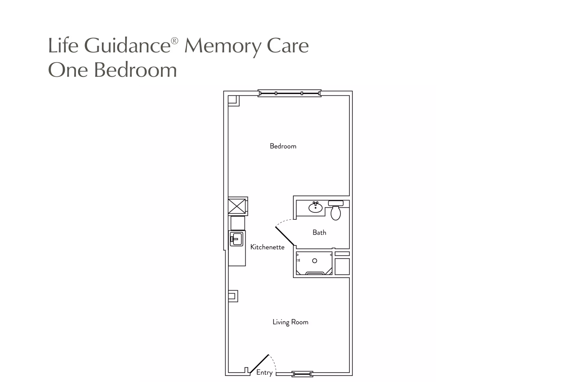 Floor plan layout of a one-bedroom memory care unit at Atria Park of Ann Arbor, showing an entry leading to a living room, kitchenette, bathroom, and bedroom.