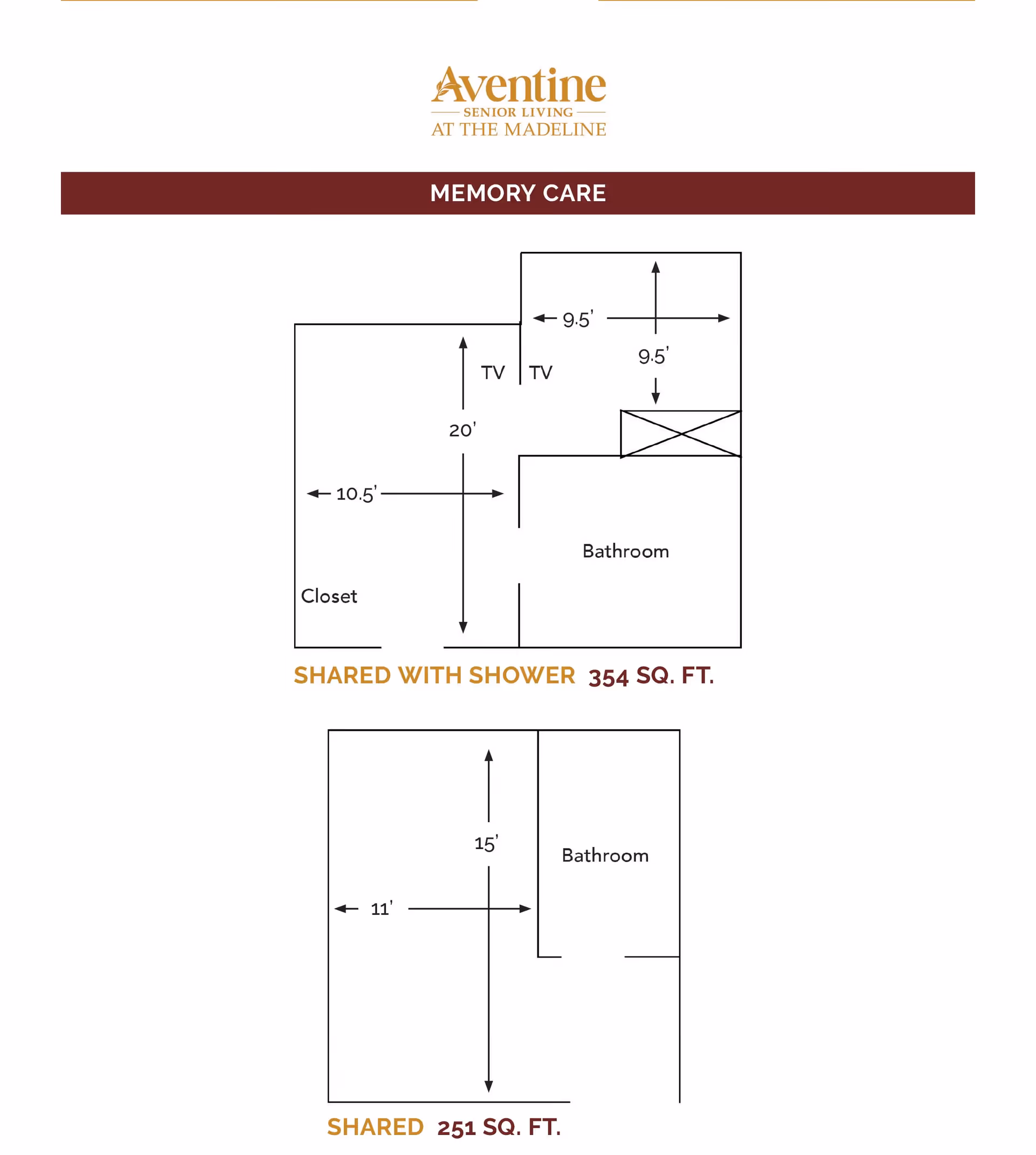 Architectural floor plans for memory care units at Aventine Senior Living at The Madeline, showing layouts with dimensions and bathroom locations. One plan is 354 square feet with a shared shower and closet, the other is 251 square feet with a shared bathroom.