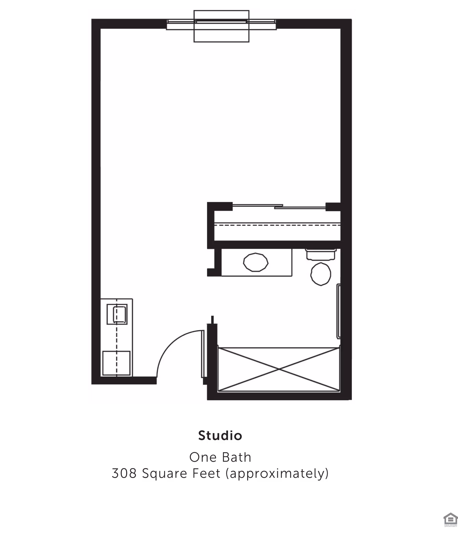Floor plan of a studio apartment with one bathroom, approximately 308 square feet. The layout shows a main living area, a bathroom with a sink and toilet, and a small kitchenette area near the entrance.