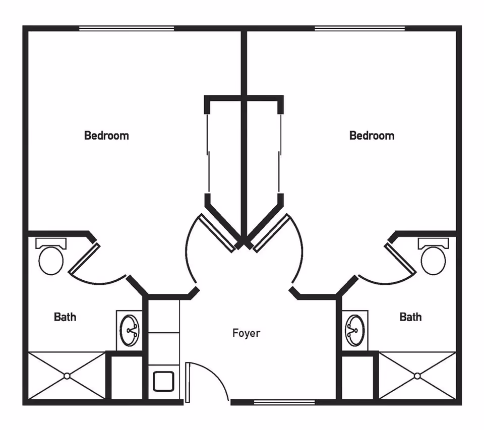 Floor plan of a living space at Homestead Estates of Wichita showing two bedrooms, each with an attached bathroom, and a central foyer area.