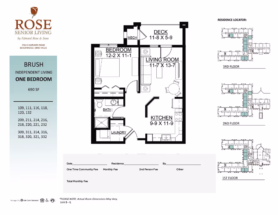 Floor plan of a one-bedroom independent living apartment showing bedroom, living room, kitchen, bath, laundry and a deck.
