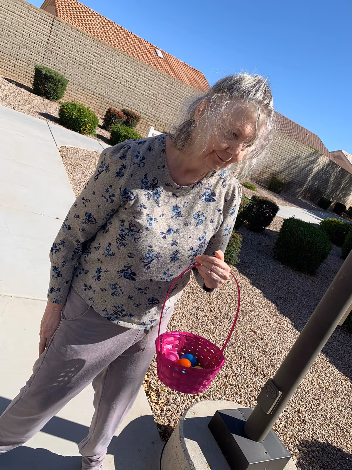 An elderly woman with gray hair wearing a floral long-sleeve shirt and light-colored pants stands outdoors on a sunny day. She is holding a pink basket containing colorful plastic eggs. Behind her is a brick wall, some bushes, and a clear blue sky.
