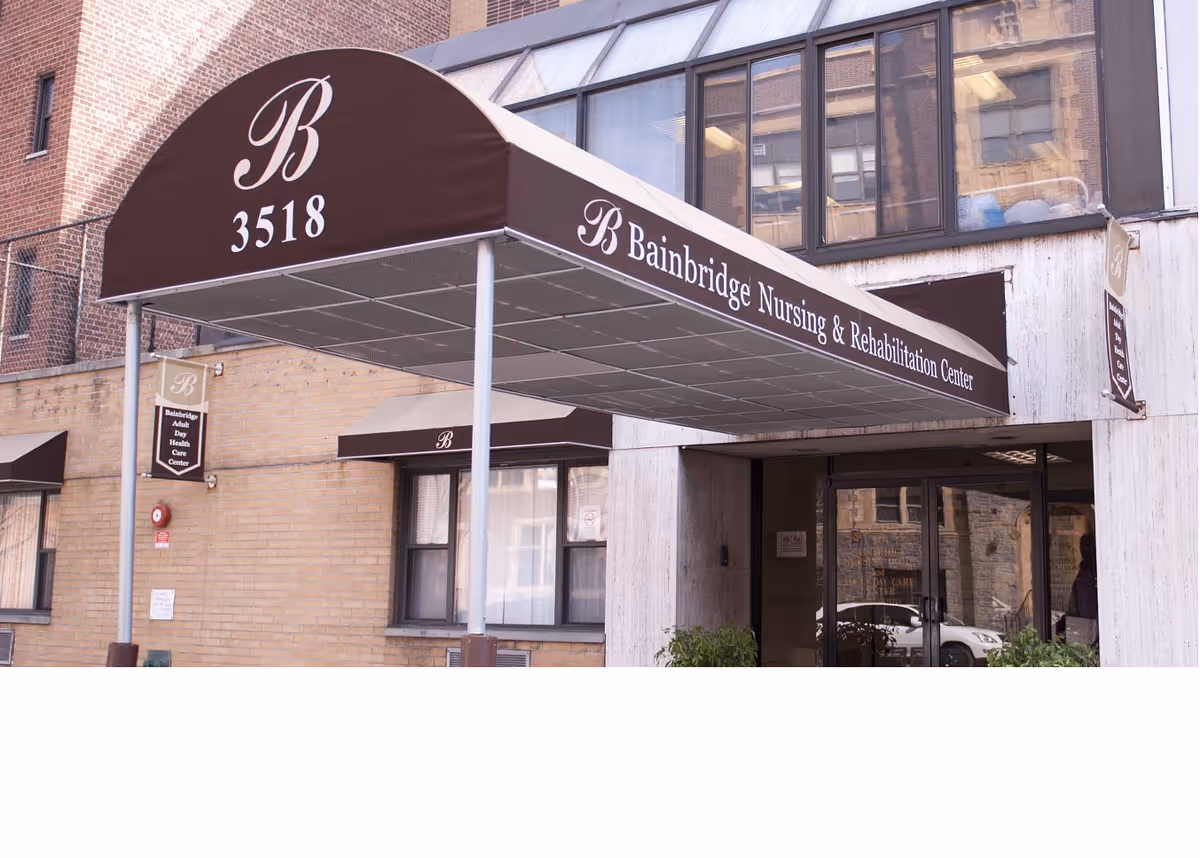 Entrance canopy and awning of Bainbridge Nursing & Rehabilitation Center displaying the number 3518 above the building entrance.