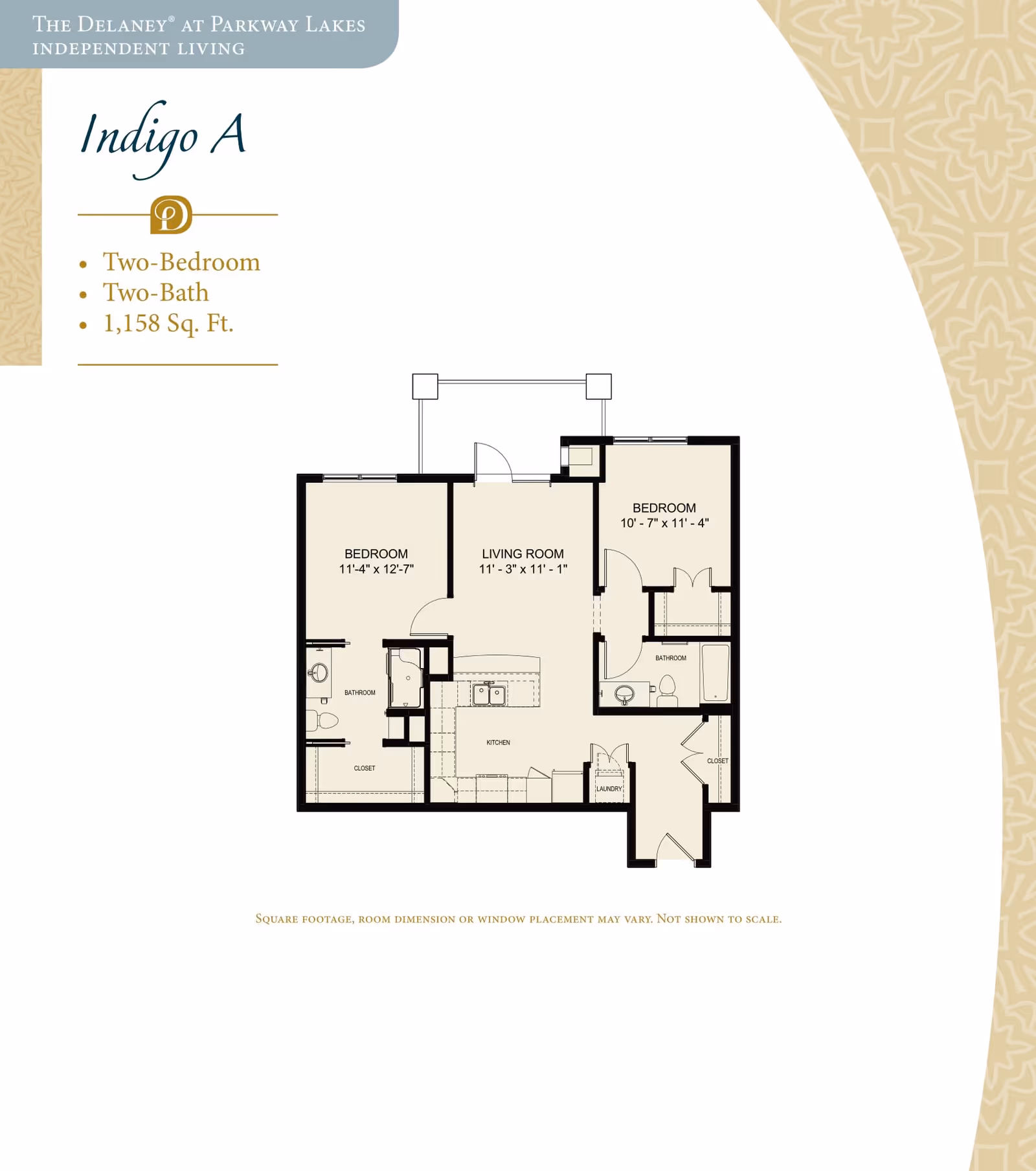 Floor plan for Indigo A at The Delaney at Parkway Lakes independent living, showing a two-bedroom, two-bath apartment with 1,158 square feet. The layout includes two bedrooms, two bathrooms, a living room, kitchen, laundry area, and closets.