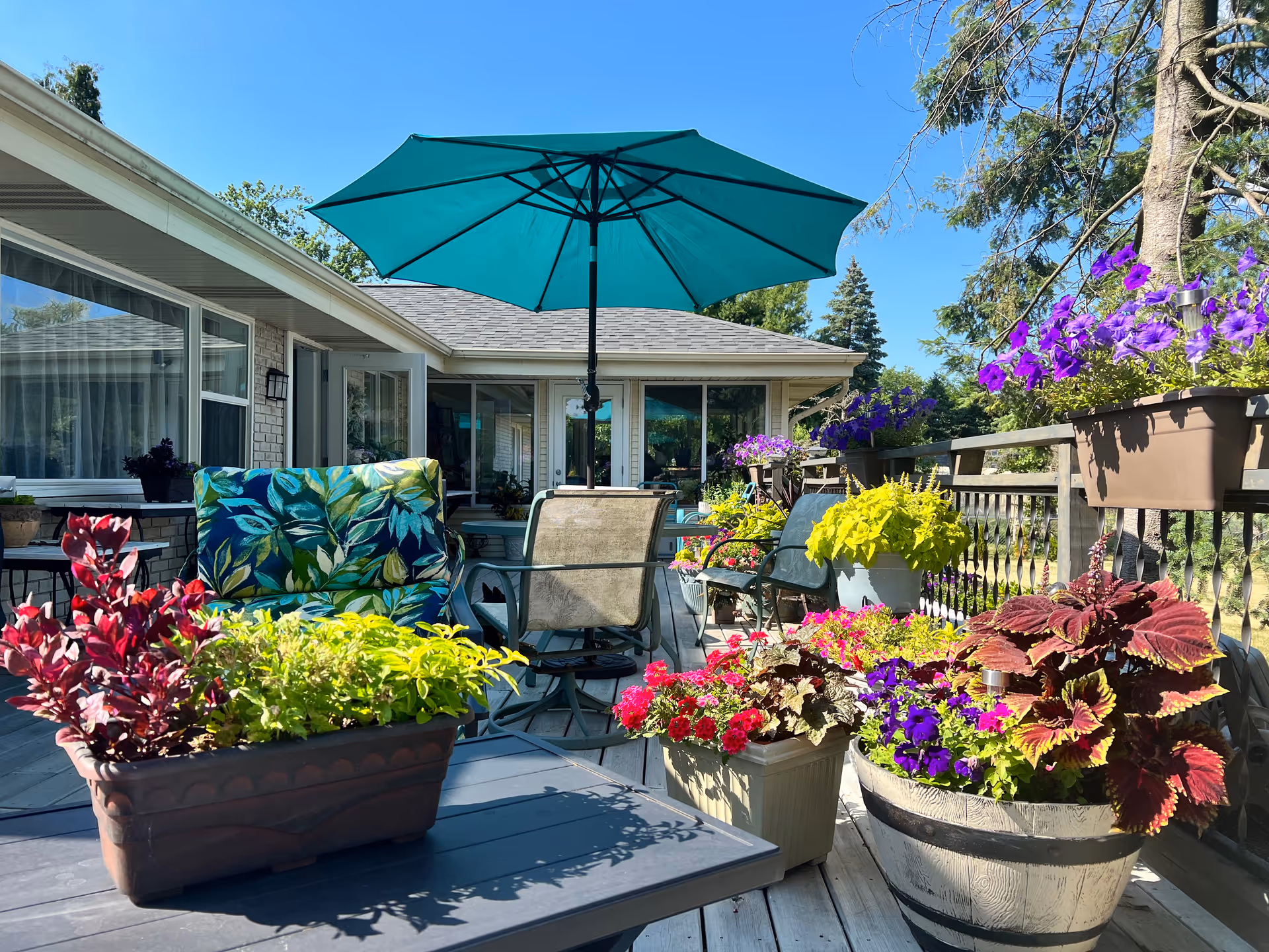 Sunny outdoor patio with colorful planters, seating, and a teal umbrella.