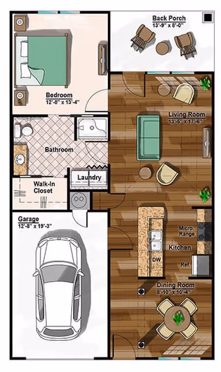 Floor plan of a senior living unit showing a bedroom with a bed and nightstands, a bathroom with a shower, a walk-in closet, a laundry area, a garage with a car, a back porch with chairs and a table, a living room with seating and a TV, a kitchen with appliances including a microwave, range, dishwasher, and refrigerator, and a dining room with a round table and four chairs.