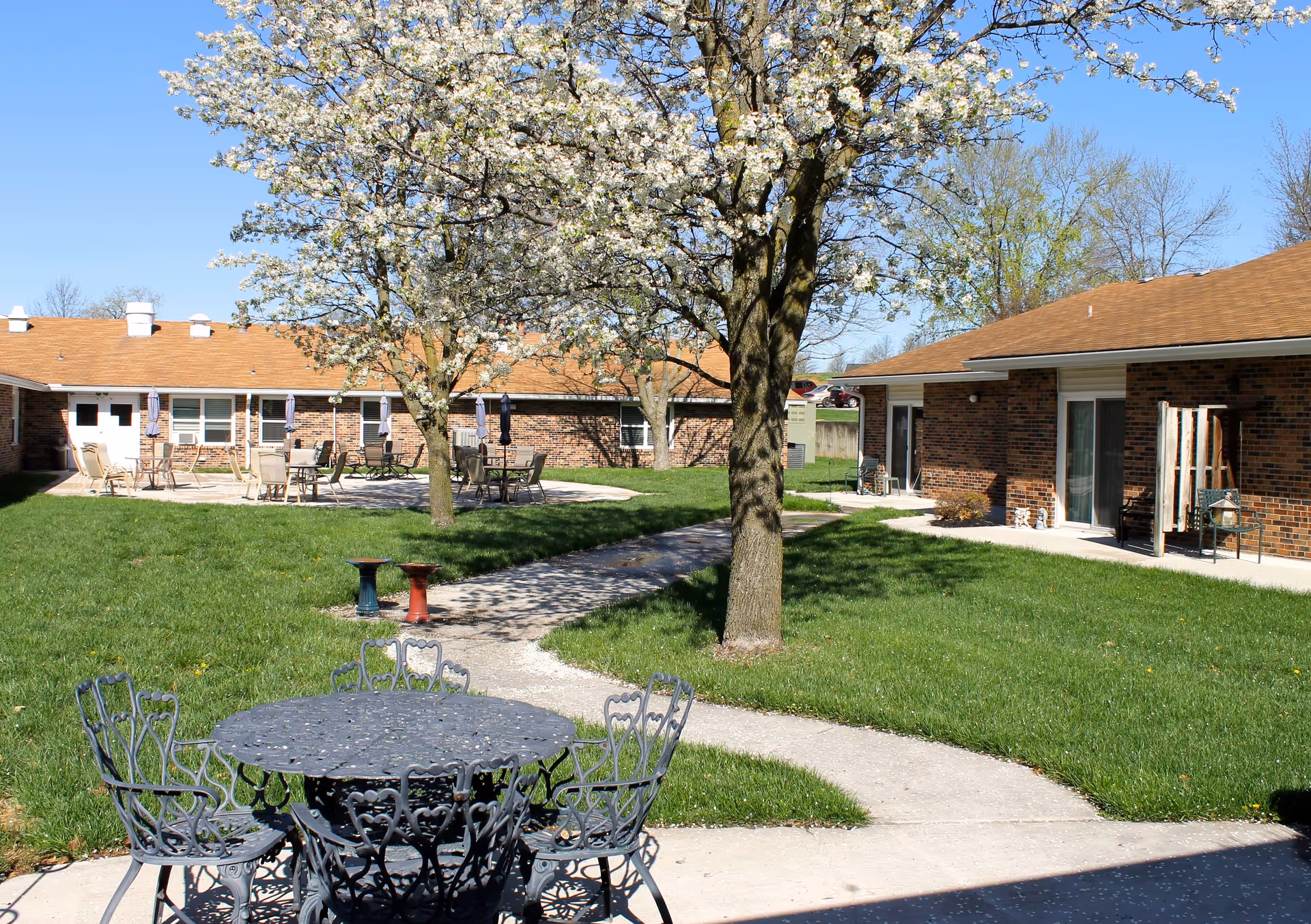 Outdoor courtyard area with green grass, a blossoming tree, and several seating arrangements including a black metal table with chairs in the foreground and multiple tables with umbrellas in the background. The courtyard is surrounded by single-story brick buildings with brown roofs.