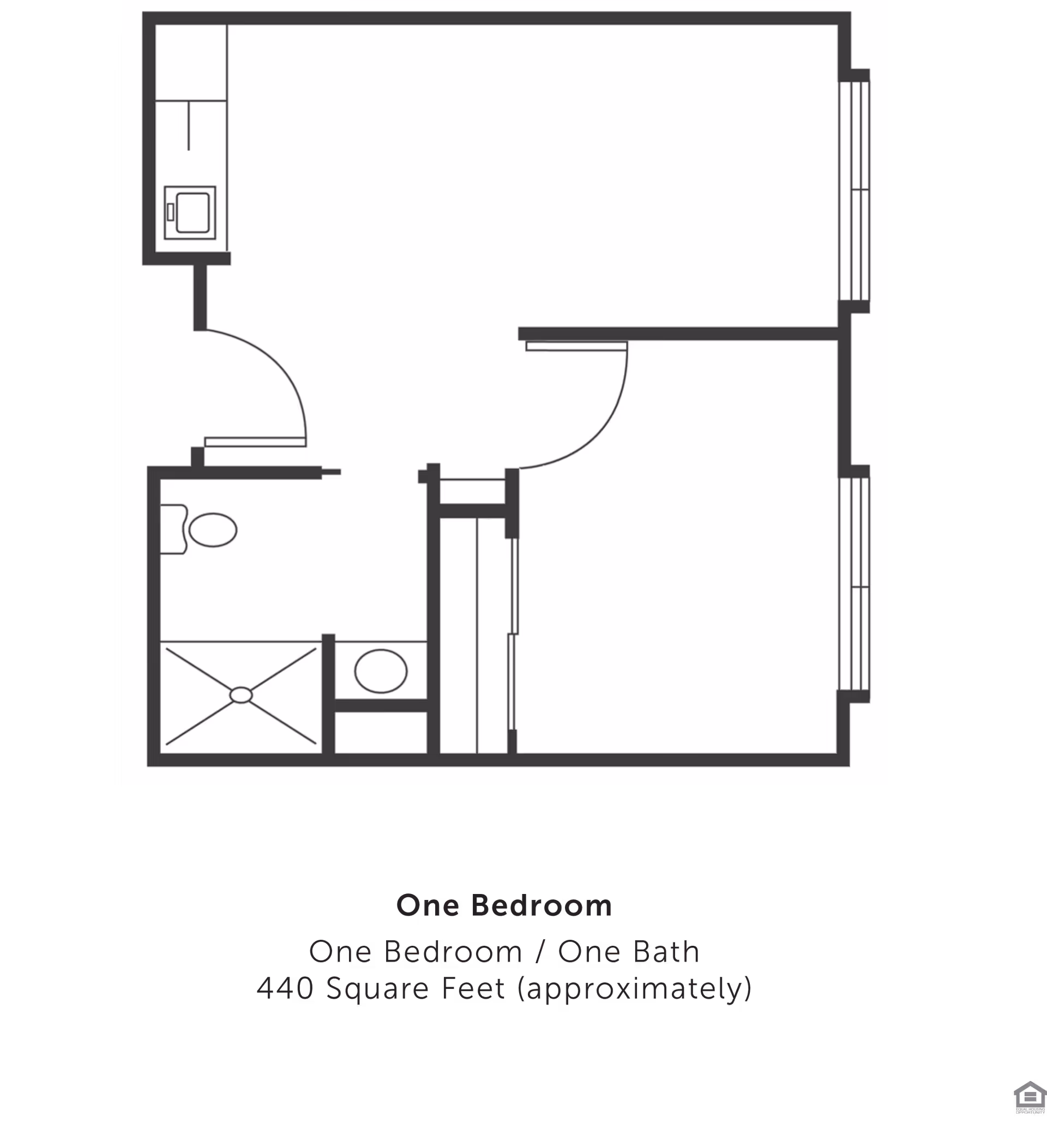 Floor plan of a one-bedroom, one-bath apartment approximately 440 square feet, showing layout with a bedroom, bathroom, kitchen area, and living space.