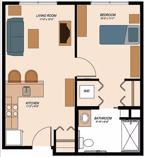 Floor plan of a senior living unit at Vineyard Park of South Hill showing a living room with sofa and coffee table, a kitchen with stove, sink, and refrigerator, a bedroom with a bed and dresser, a bathroom with toilet, sink, and shower, and a washer/dryer area.