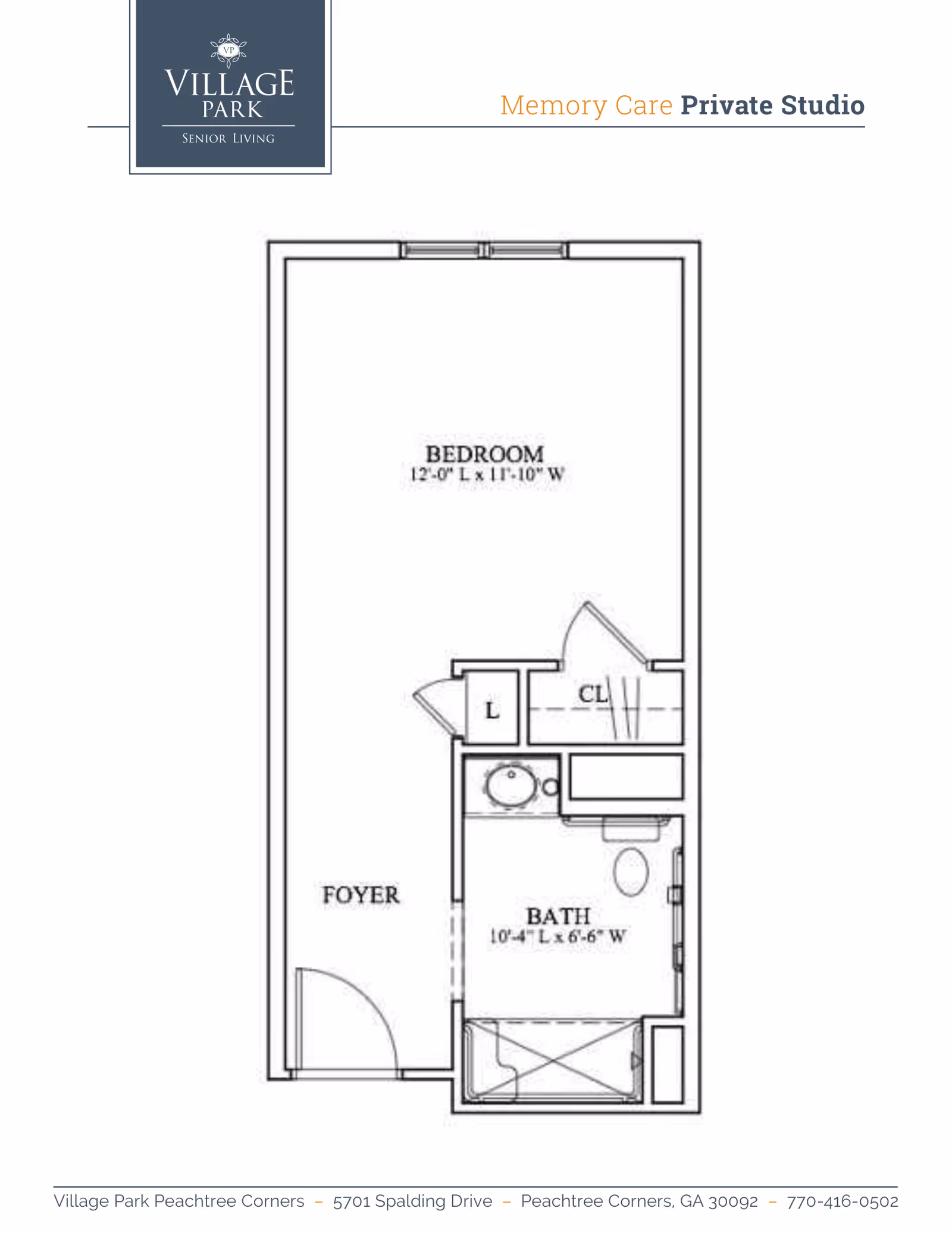 Floor plan layout of a Memory Care Private Studio at Village Park Senior Living. The plan shows a bedroom measuring 12 feet by 11 feet 10 inches, a foyer, a bathroom measuring 10 feet 4 inches by 6 feet 6 inches with a bathtub, toilet, and sink, and a closet labeled CL. The layout includes doors and windows placement.