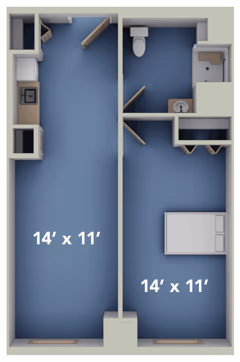 3D floor plan showing a small one-bedroom layout with two 14' x 11' rooms, a kitchenette, bathroom, and closet spaces.