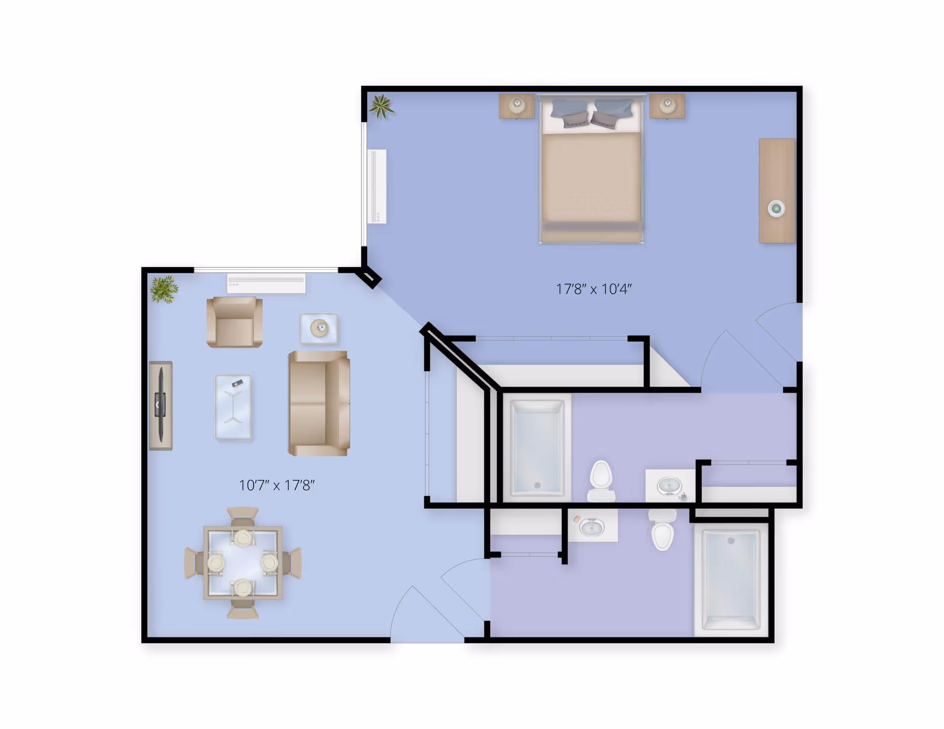 Floor plan of a residential unit showing a bedroom with a bed and two nightstands, a living room with a sofa, armchair, coffee table, TV, and dining table with four chairs, and two bathrooms each with a bathtub, toilet, and sink.