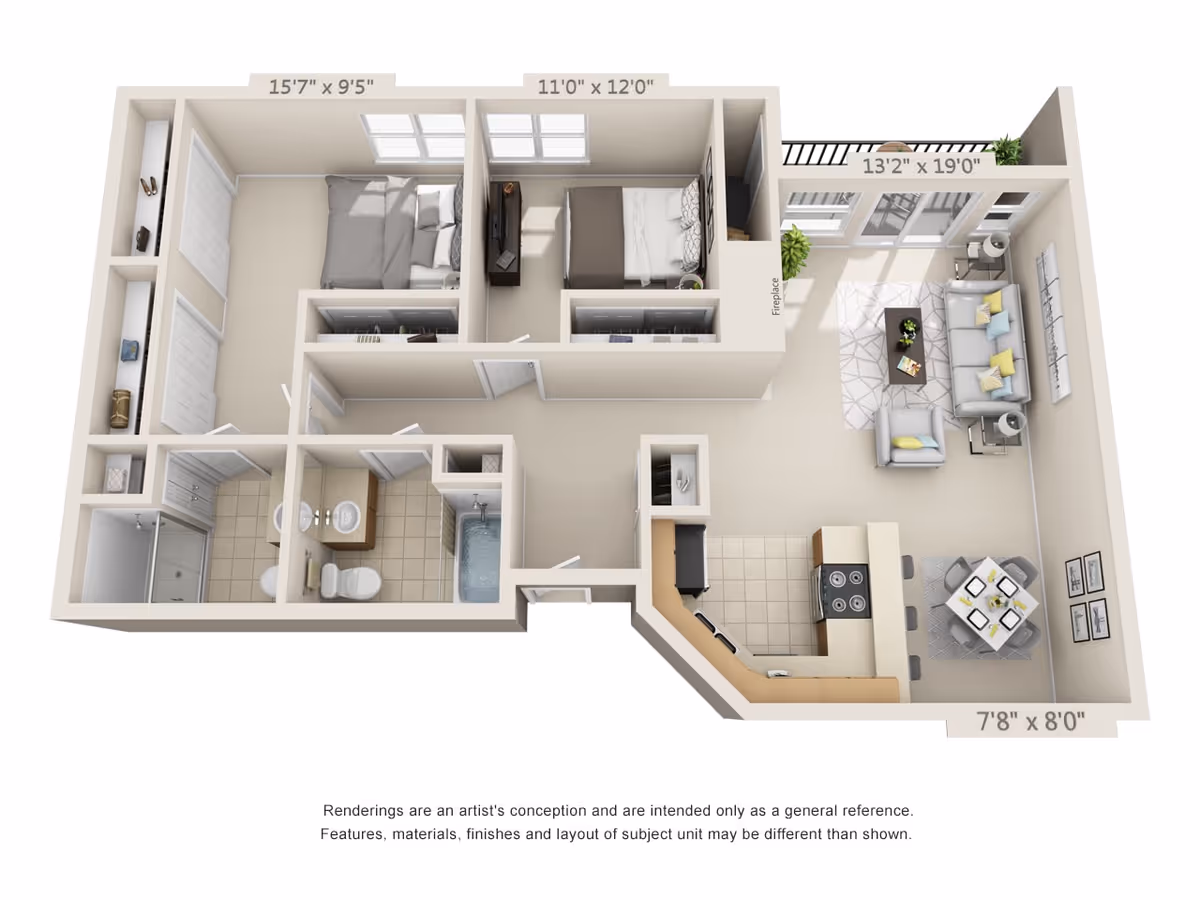 3D rendered floor plan of a two-bedroom apartment showing bedrooms, bathroom, kitchen, dining and living area with a balcony.